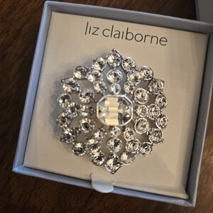 Liz Claiborne Starburst Rhinestone Pin Brooch Clear signed LC Vintage In Box